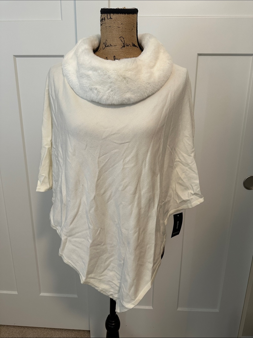Alfani White Faux Fur Cowl Poncho Sweater